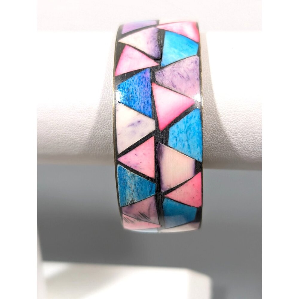 Vintage Brass‎ Blue Pink Triangle Inlay Bangle Bracelet Tribal Boho small